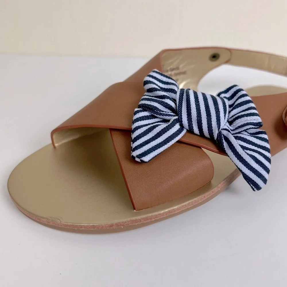 Joyfolie | Striped Bow Criss Cross Sandal Brown With Navy White Bow | Girls 3